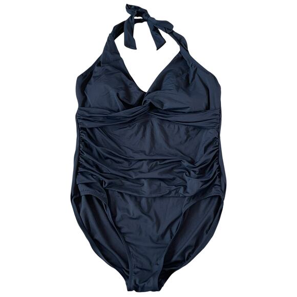 Liz Claiborne One Piece Swimsuit Tummy Panel Underwire Black Halter - Picture 1 of 7